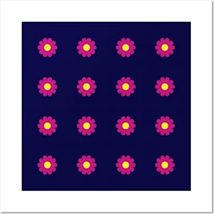 Cerise daisies with Yellow centres on a Navy Blue background Posters and Art